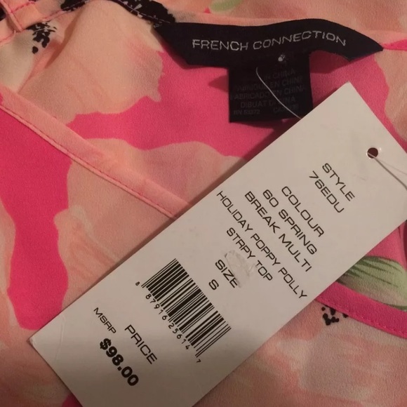 New FRENCH CONNECTION Holiday Poppy Polly Tank Top Pink Floral Cami Blouse Black - Picture 7 of 9